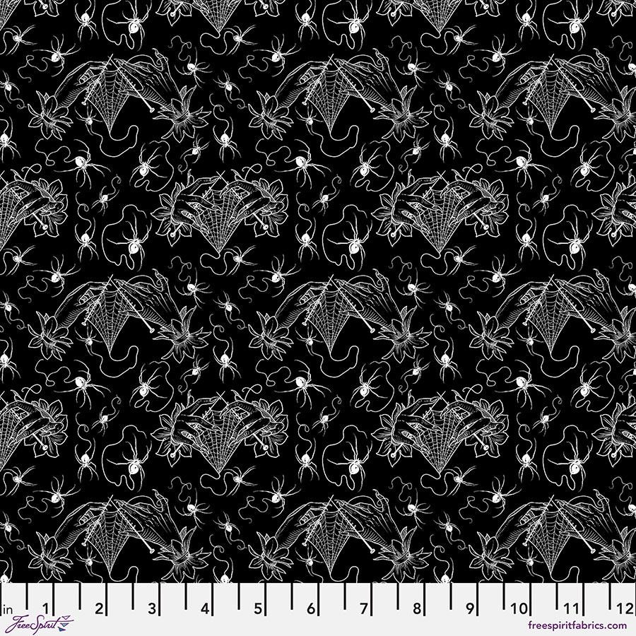 Spider Fabric, Small Cobweb Lace Knitting on Black, Costumes and Cobwebs by Free Spirit, By the Half or Full Yard