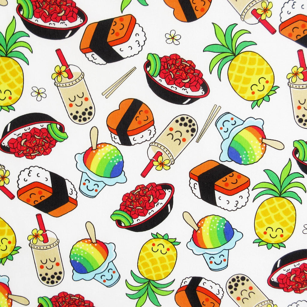 Fabric, Happy Hawaiian Snacks on White, By the Half or Full Yard