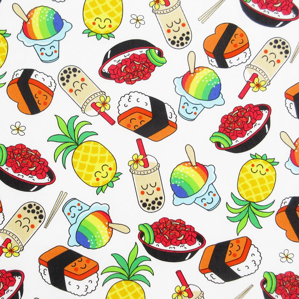 Fabric, Happy Hawaiian Snacks on White, By the Half or Full Yard