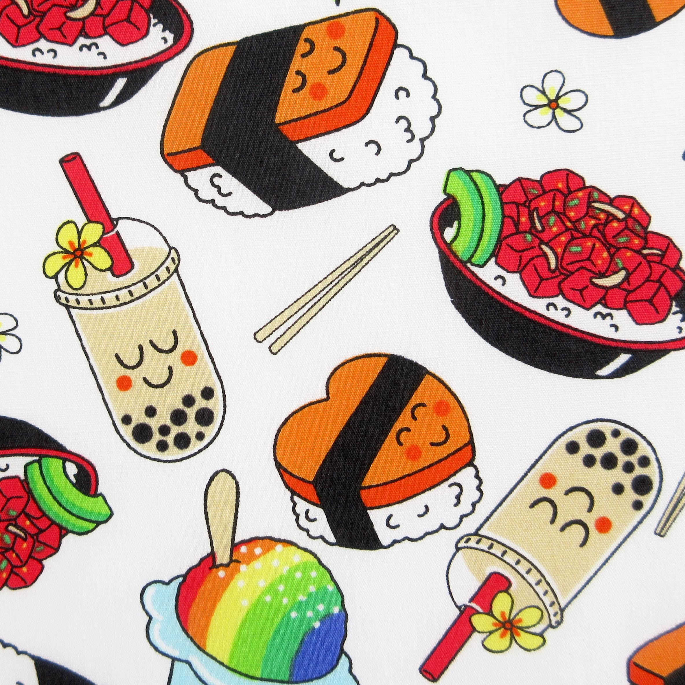 Fabric, Happy Hawaiian Snacks on White, By the Half or Full Yard