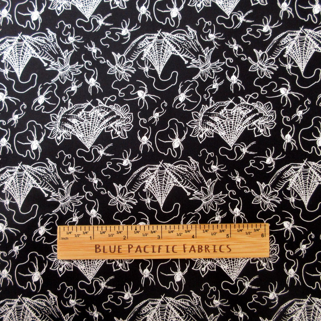 Spider Fabric, Small Cobweb Lace Knitting on Black, Costumes and Cobwebs by Free Spirit, By the Half or Full Yard