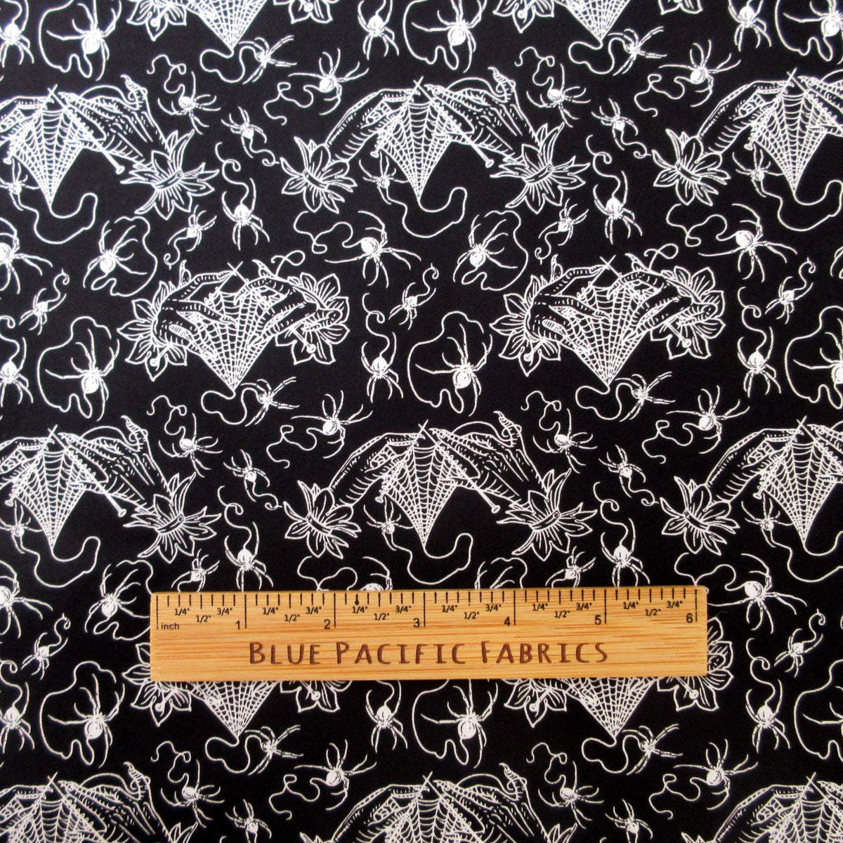Spider Fabric, Small Cobweb Lace Knitting on Black, Costumes and Cobwebs by Free Spirit, By the Half or Full Yard