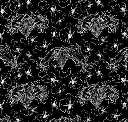 Spider Fabric, Small Cobweb Lace Knitting on Black, Costumes and Cobwebs by Free Spirit, By the Half or Full Yard