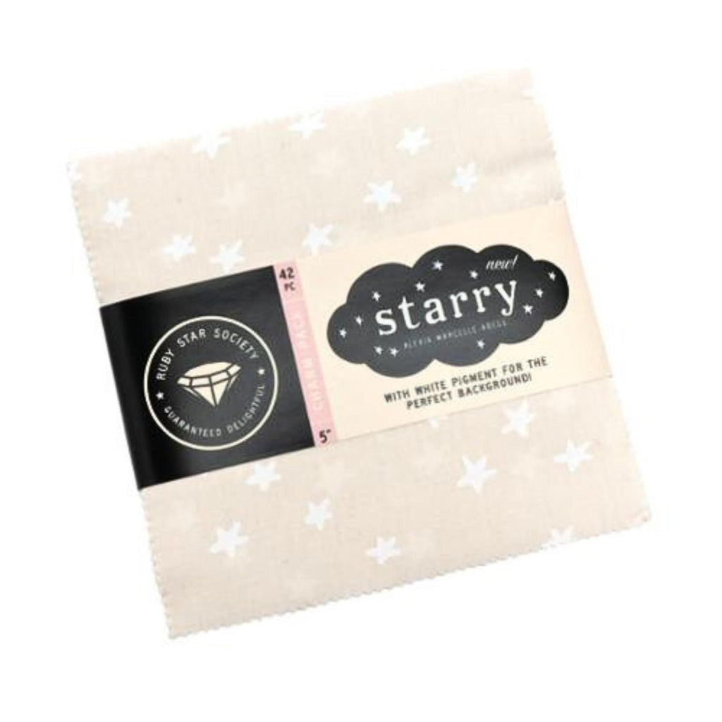 New Starry Fabric Charm Pack, Starry Natural with White Stars by Ruby Star Society, Pre Cut 5 x 5 Fabric Squares by Moda