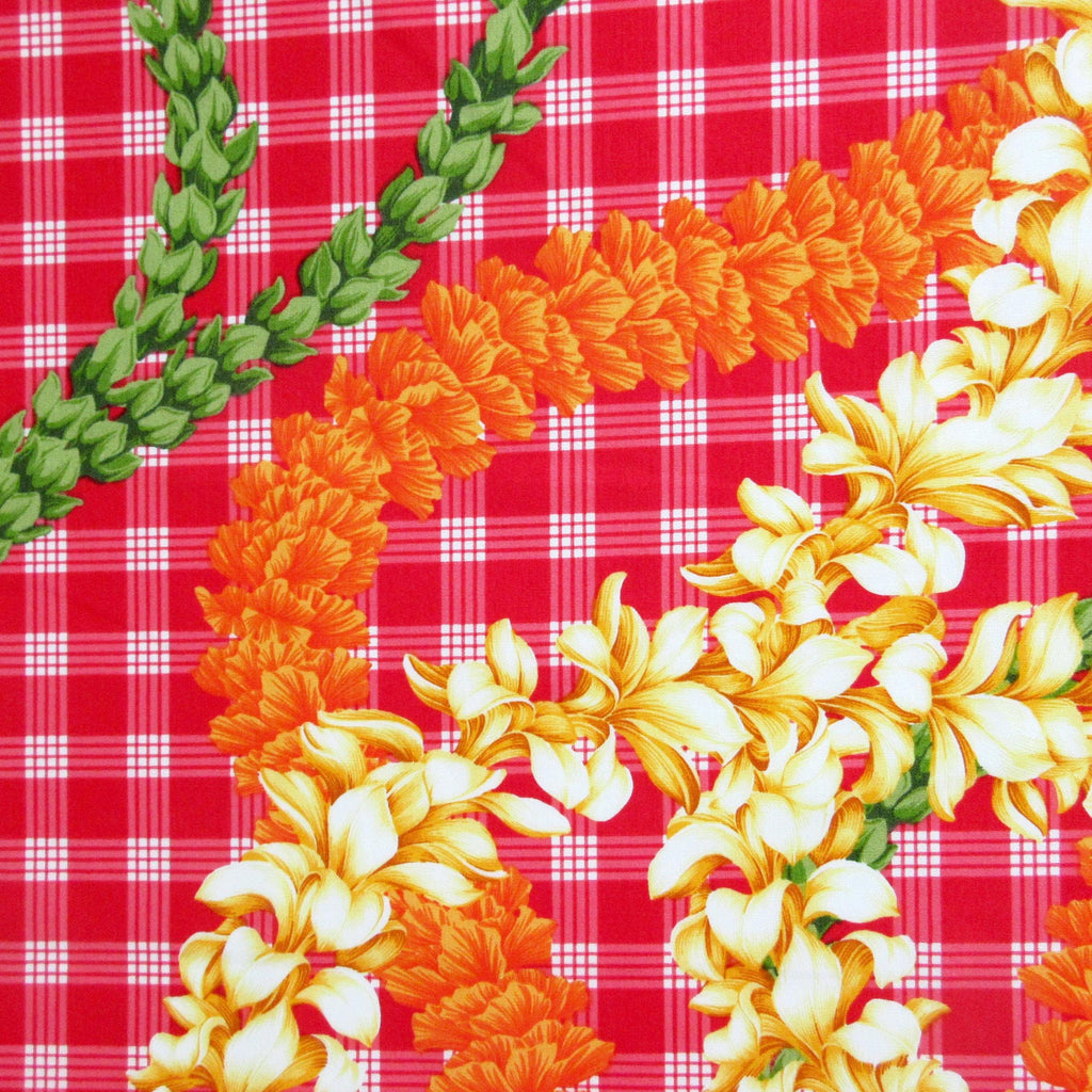 Hawaii Fabric, Island Palaka Leis on Red, By the Half or Full Yard