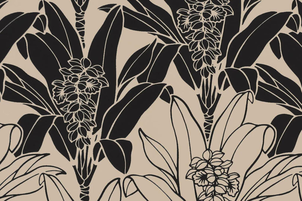 Tropical Fabric, Big Flowering Ginger Plants on Beige, Large Scale Print, By the Yard