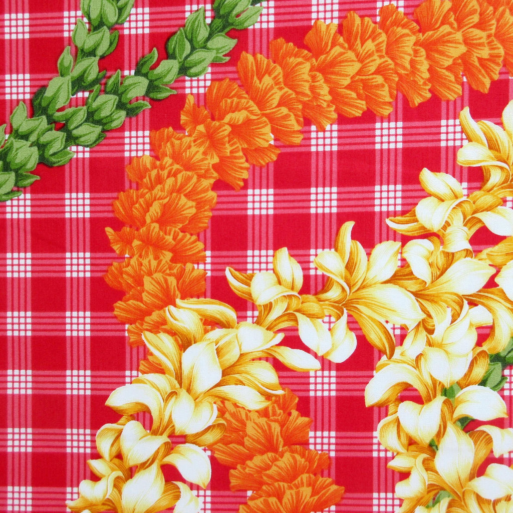 Hawaii Fabric, Island Palaka Leis on Red, By the Half or Full Yard