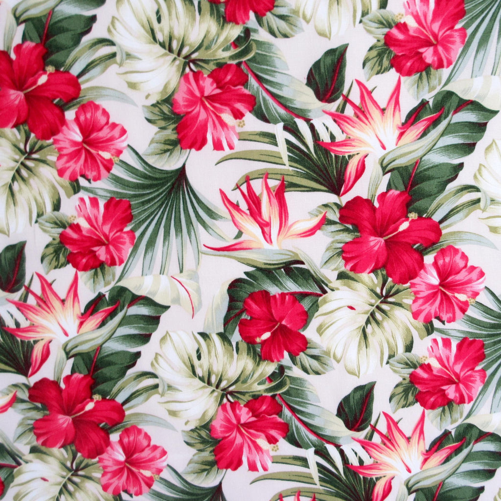 Fabric, Small Red Hibiscus Garden on  Cream, Tropical Hawaii, By the Half or Full Yard