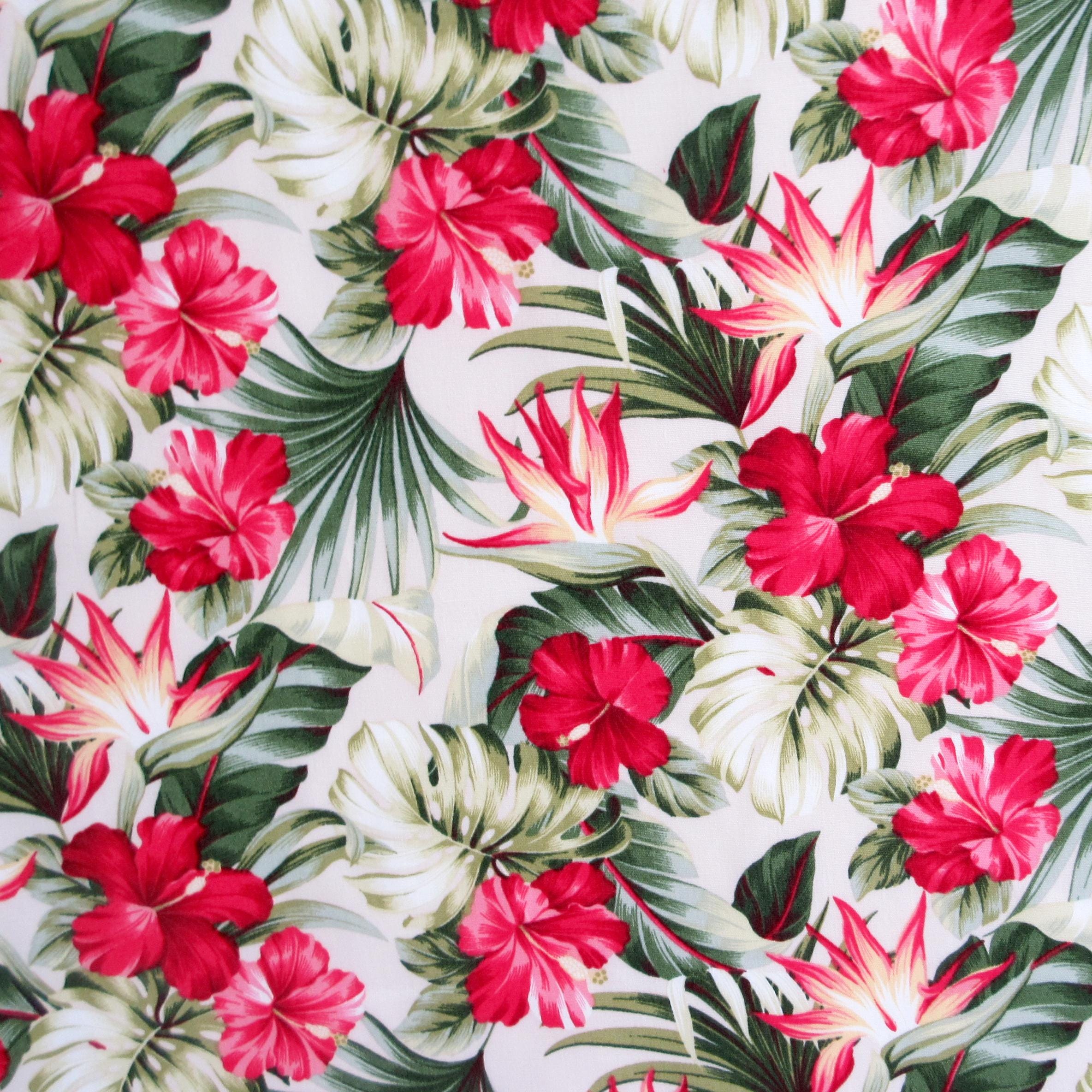 Fabric, Small Red Hibiscus Garden on  Cream, Tropical Hawaii, By the Half or Full Yard