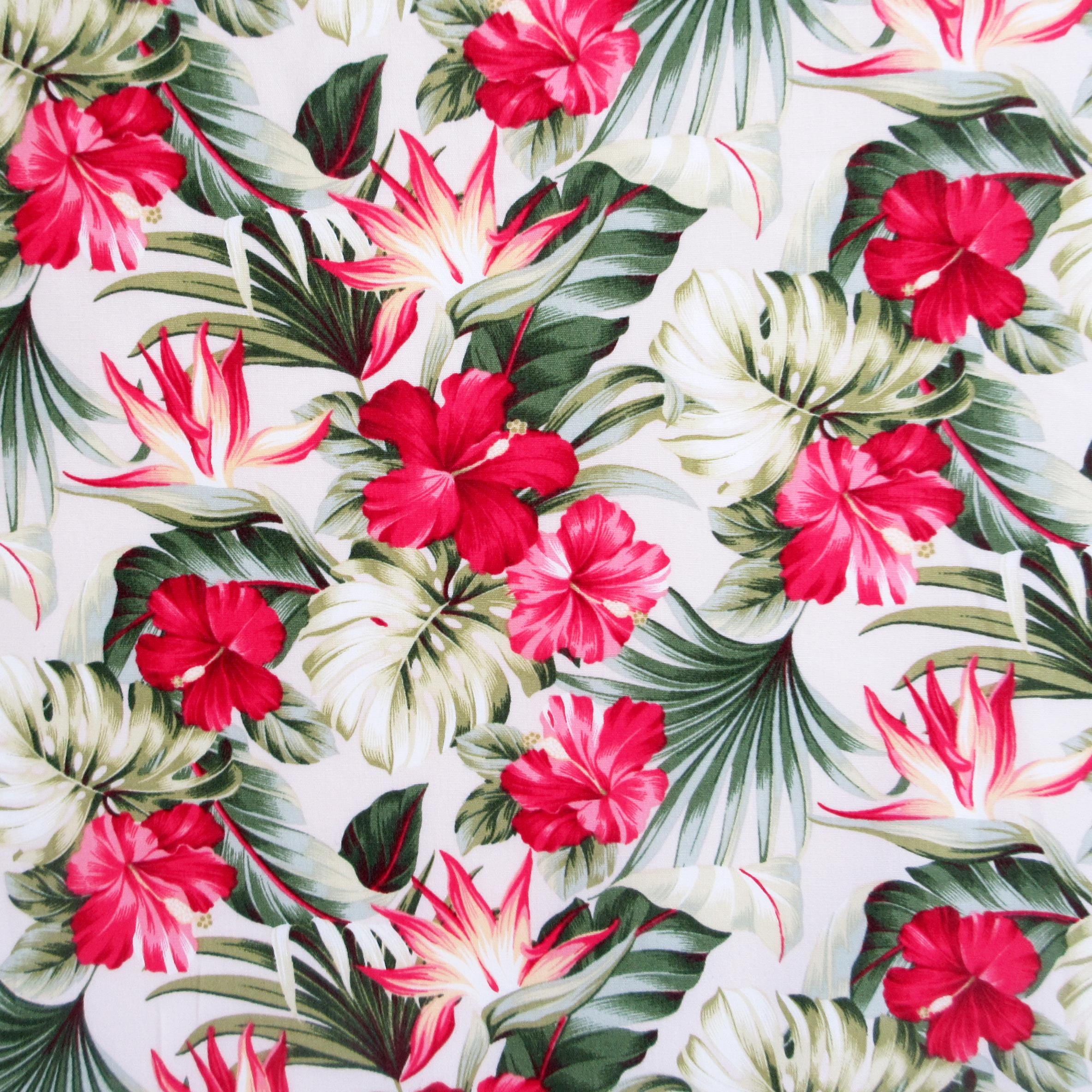 Fabric, Small Red Hibiscus Garden on  Cream, Tropical Hawaii, By the Half or Full Yard