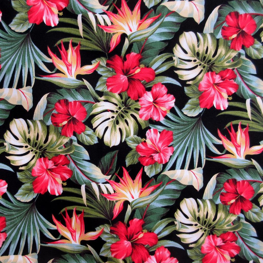 Fabric, Small Red Hibiscus Garden on Black, Tropical Hawaii, By the Half or Full Yard