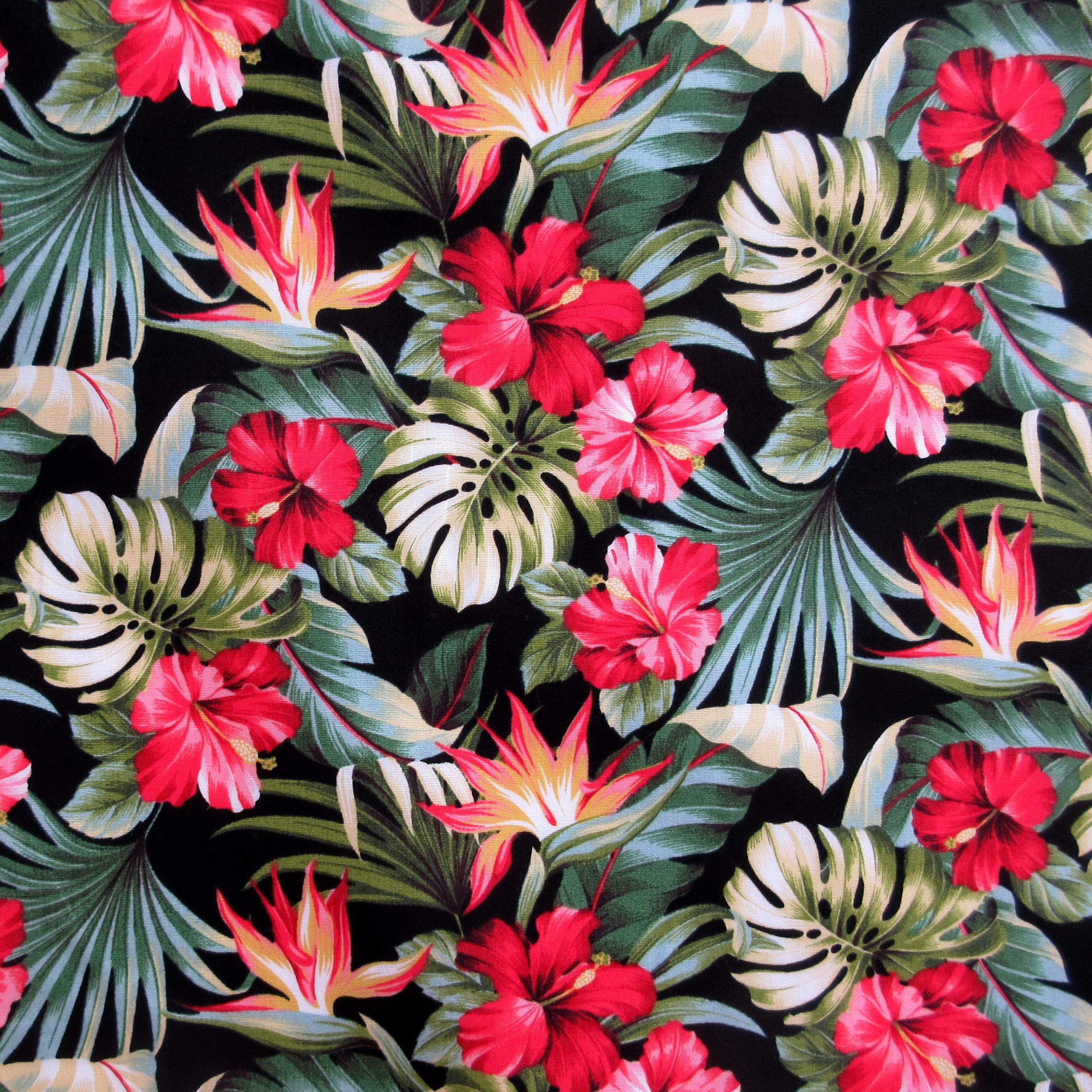 Fabric, Small Red Hibiscus Garden on Black, Tropical Hawaii, By the Half or Full Yard