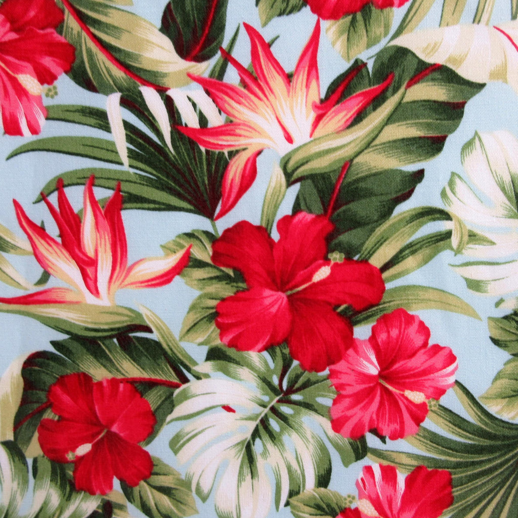 Fabric, Small Red Hibiscus Garden on Sky Blue, Tropical Hawaii, By the Half or Full Yard