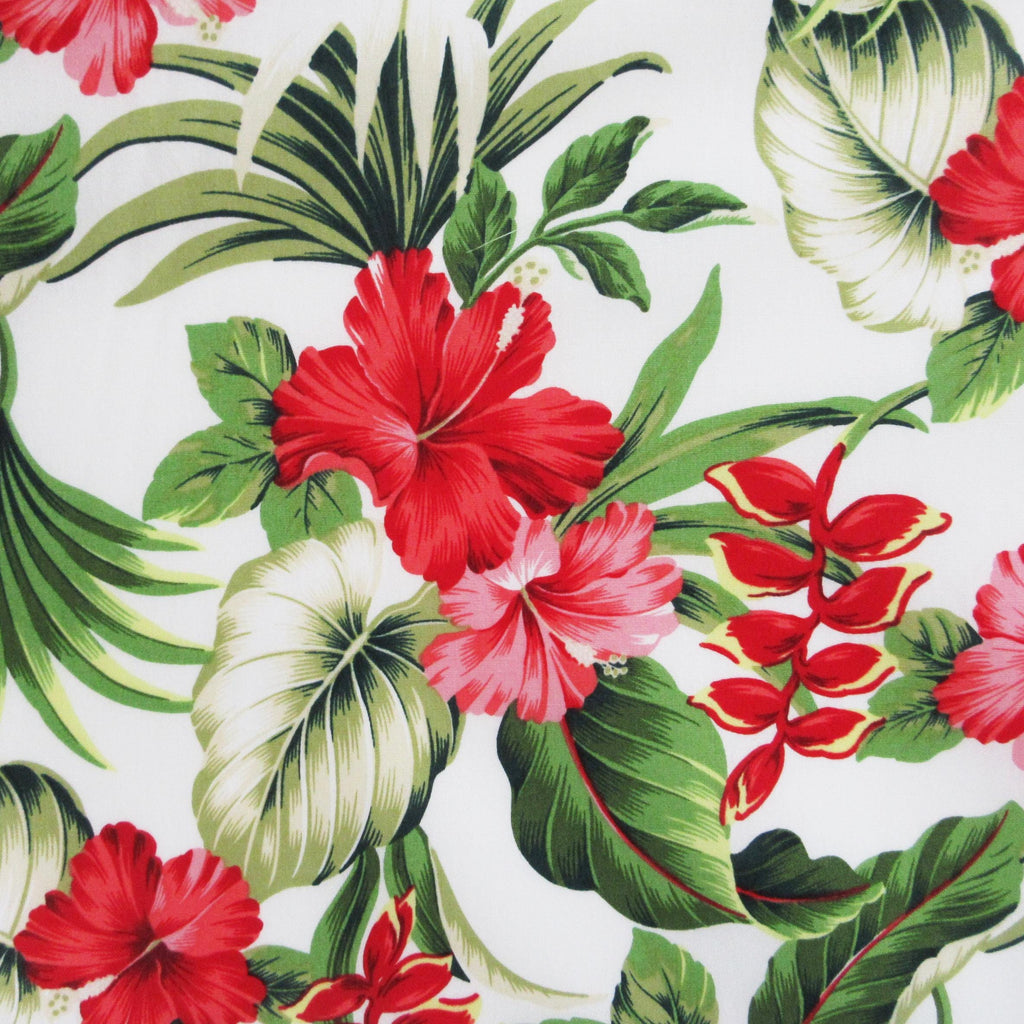 Hibiscus Fabric, Hawaii Heliconia Floral on White, Smaller Scale, By the Half or Full Yard
