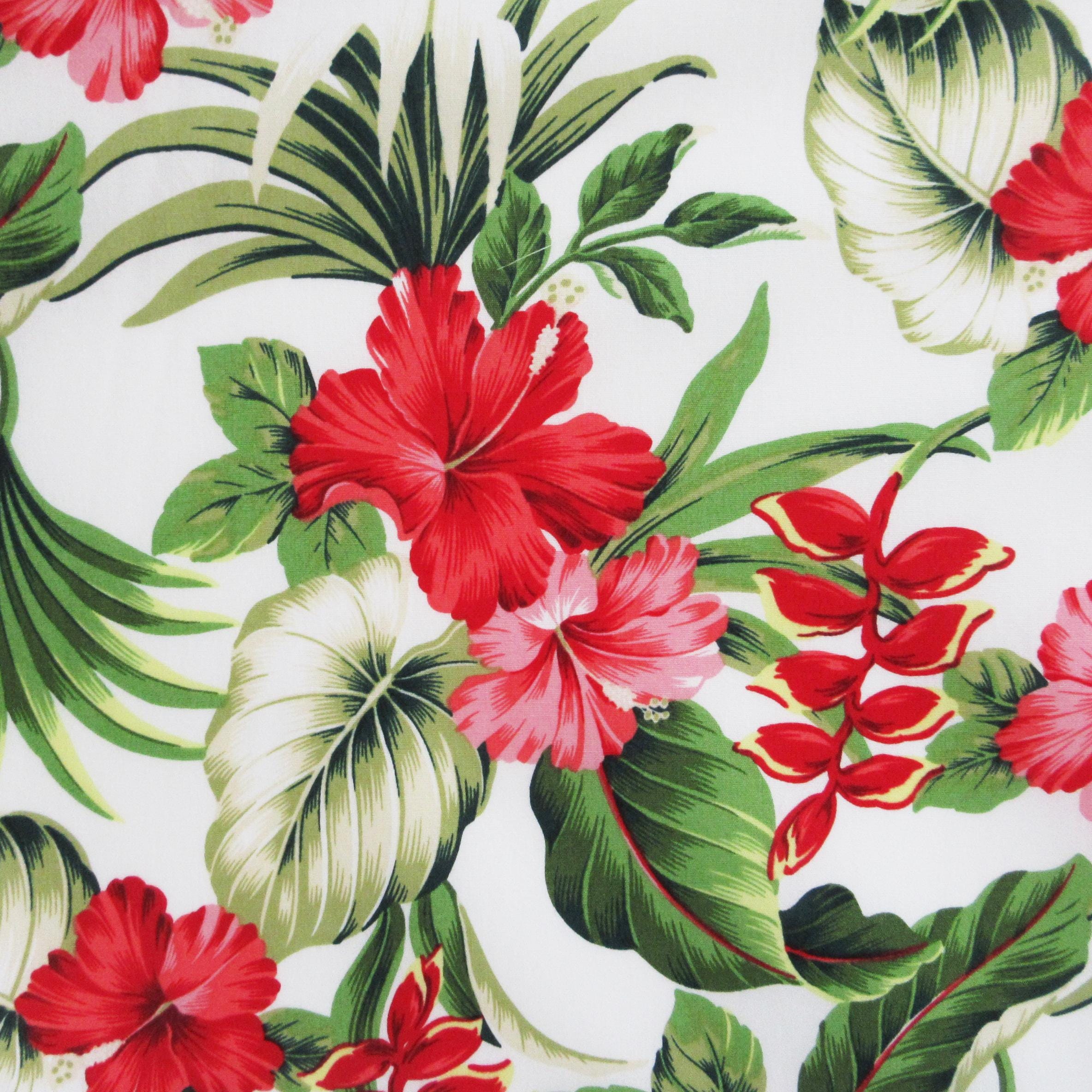 Hibiscus Fabric, Hawaii Heliconia Floral on White, Smaller Scale, By the Half or Full Yard