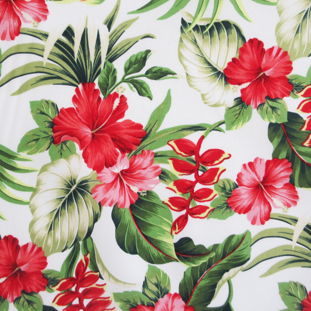 Hibiscus Fabric, Hawaii Heliconia Floral on White, Smaller Scale, By the Half or Full Yard