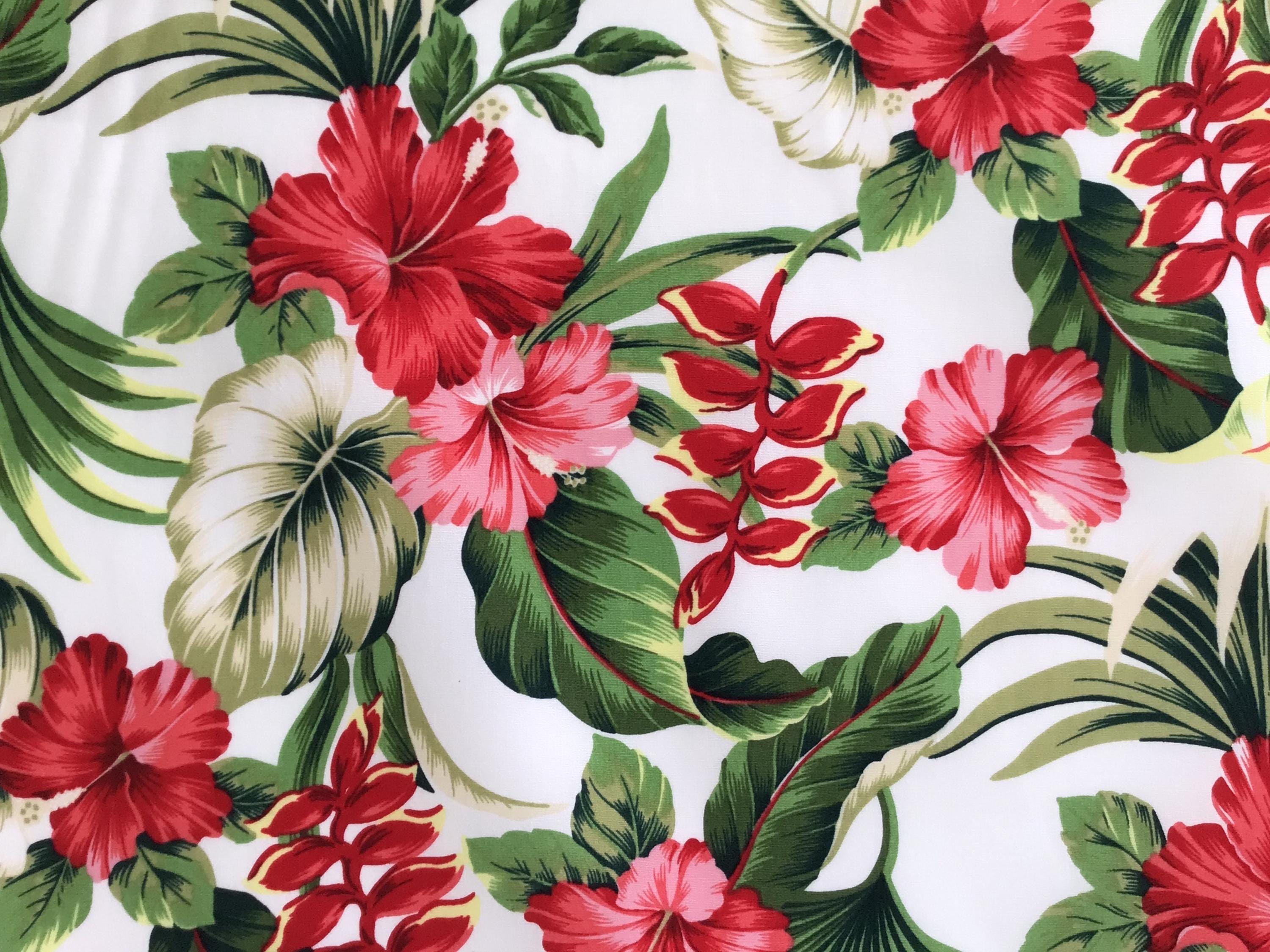 Hibiscus Fabric, Hawaii Heliconia Floral on White, Smaller Scale, By the Half or Full Yard