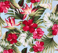 Fabric, Small Red Hibiscus Garden on Sky Blue, Tropical Hawaii, By the Half or Full Yard
