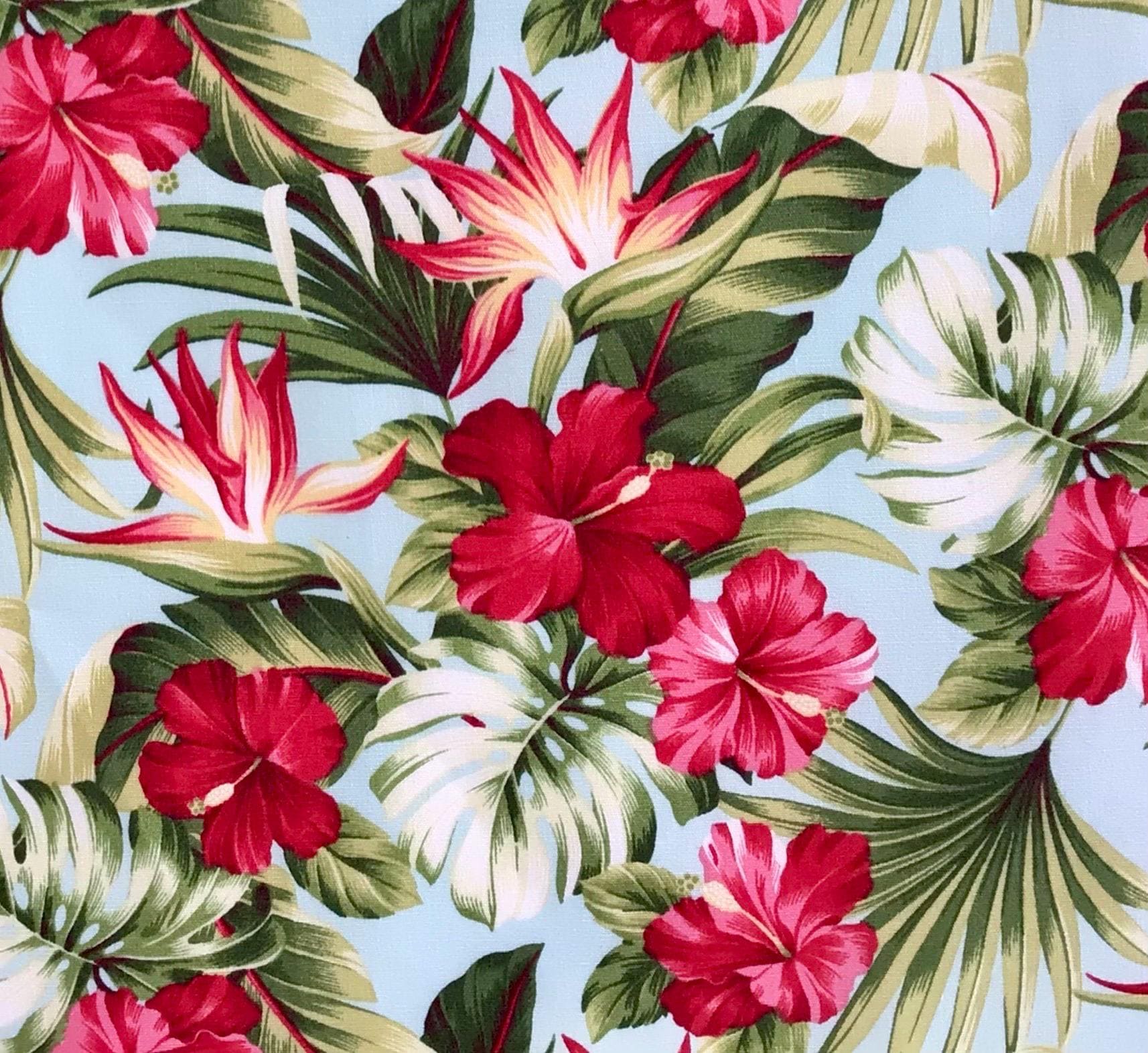 Fabric, Small Red Hibiscus Garden on Sky Blue, Tropical Hawaii, By the Half or Full Yard