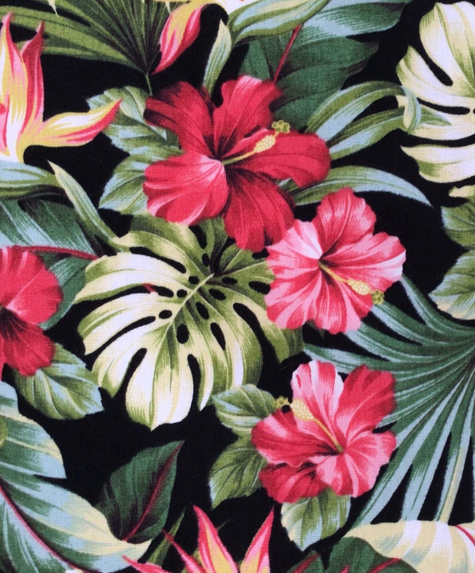 Fabric, Small Red Hibiscus Garden on Black, Tropical Hawaii, By the Half or Full Yard