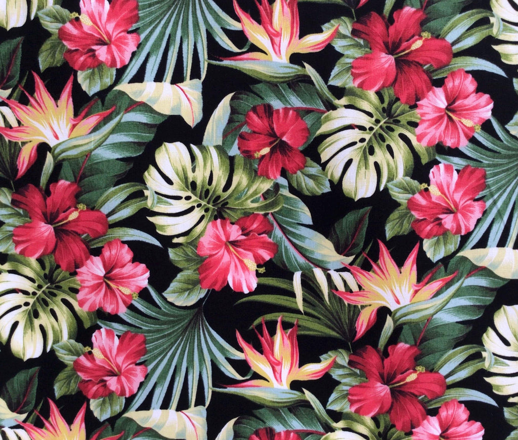 Fabric, Small Red Hibiscus Garden on Black, Tropical Hawaii, By the Half or Full Yard