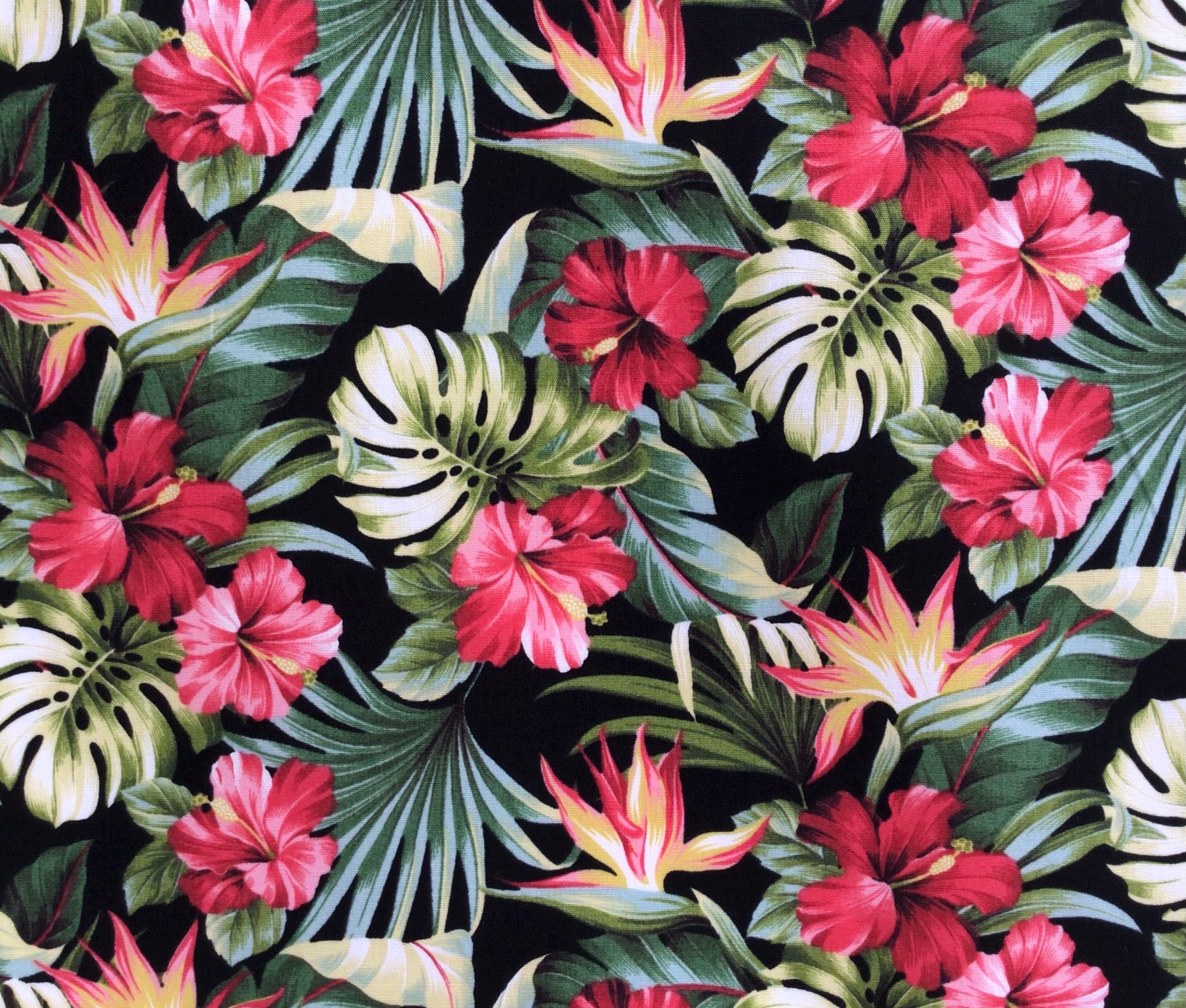 Fabric, Small Red Hibiscus Garden on Black, Tropical Hawaii, By the Half or Full Yard