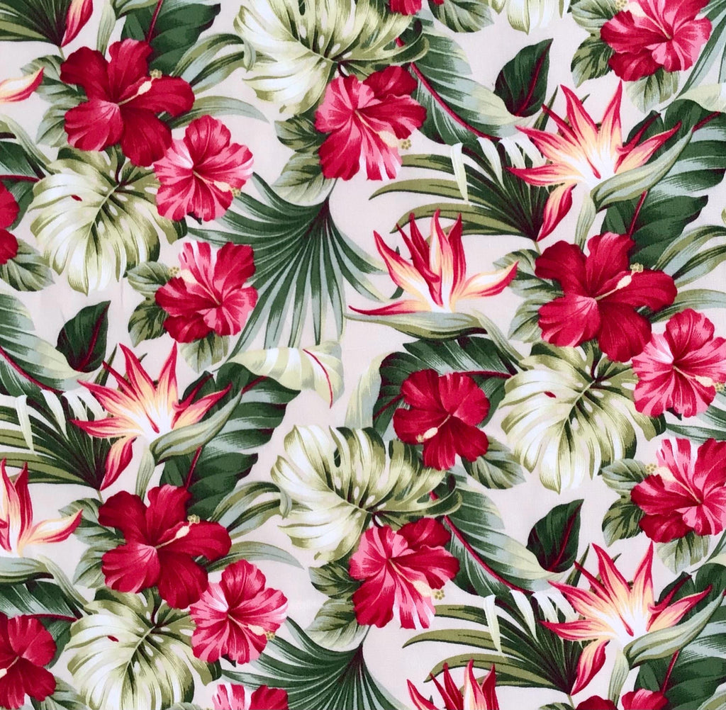 Fabric, Small Red Hibiscus Garden on  Cream, Tropical Hawaii, By the Half or Full Yard