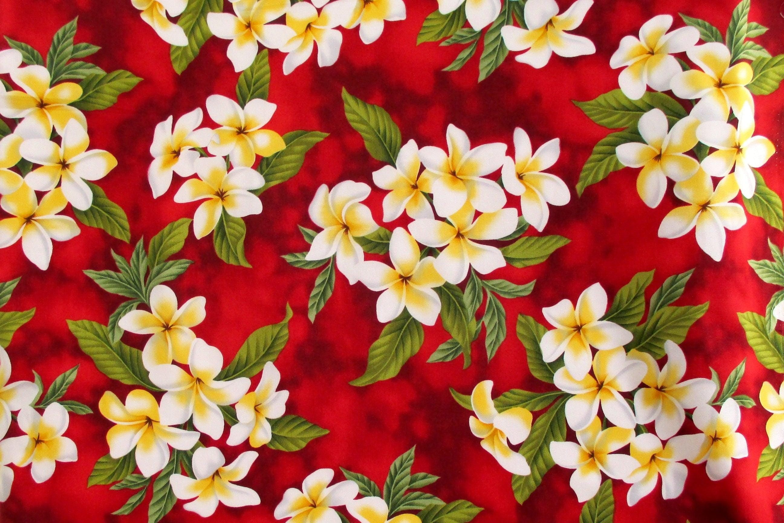 Fabric, White Plumeria Bouquet on Christmas Red, Tropical Hawaiian, By The Half and Full Yard