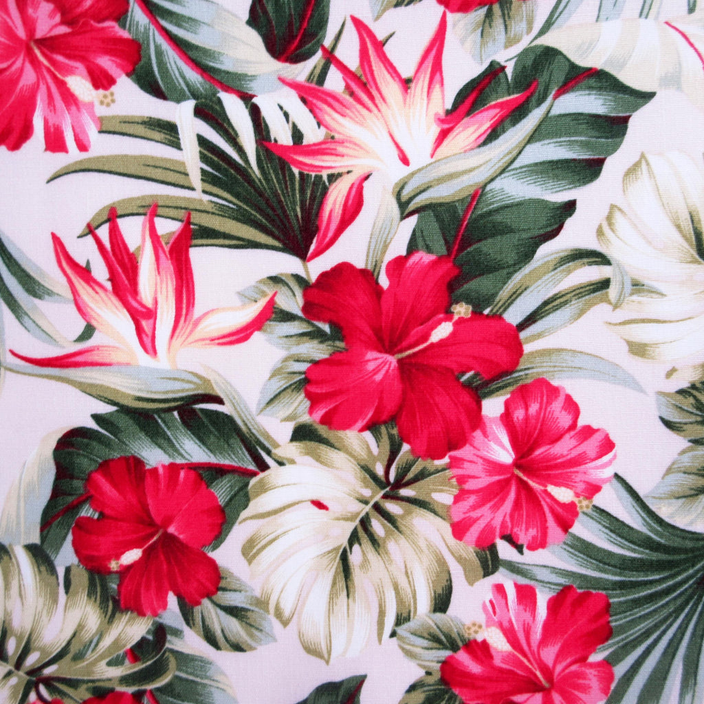 Fabric, Small Red Hibiscus Garden on  Cream, Tropical Hawaii, By the Half or Full Yard