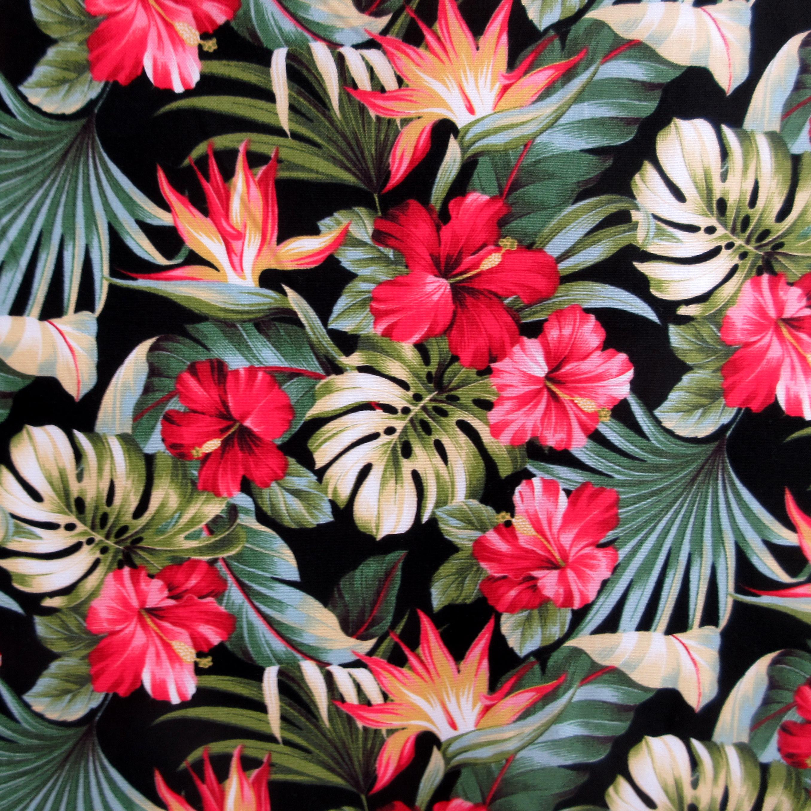 Fabric, Small Red Hibiscus Garden on Black, Tropical Hawaii, By the Half or Full Yard