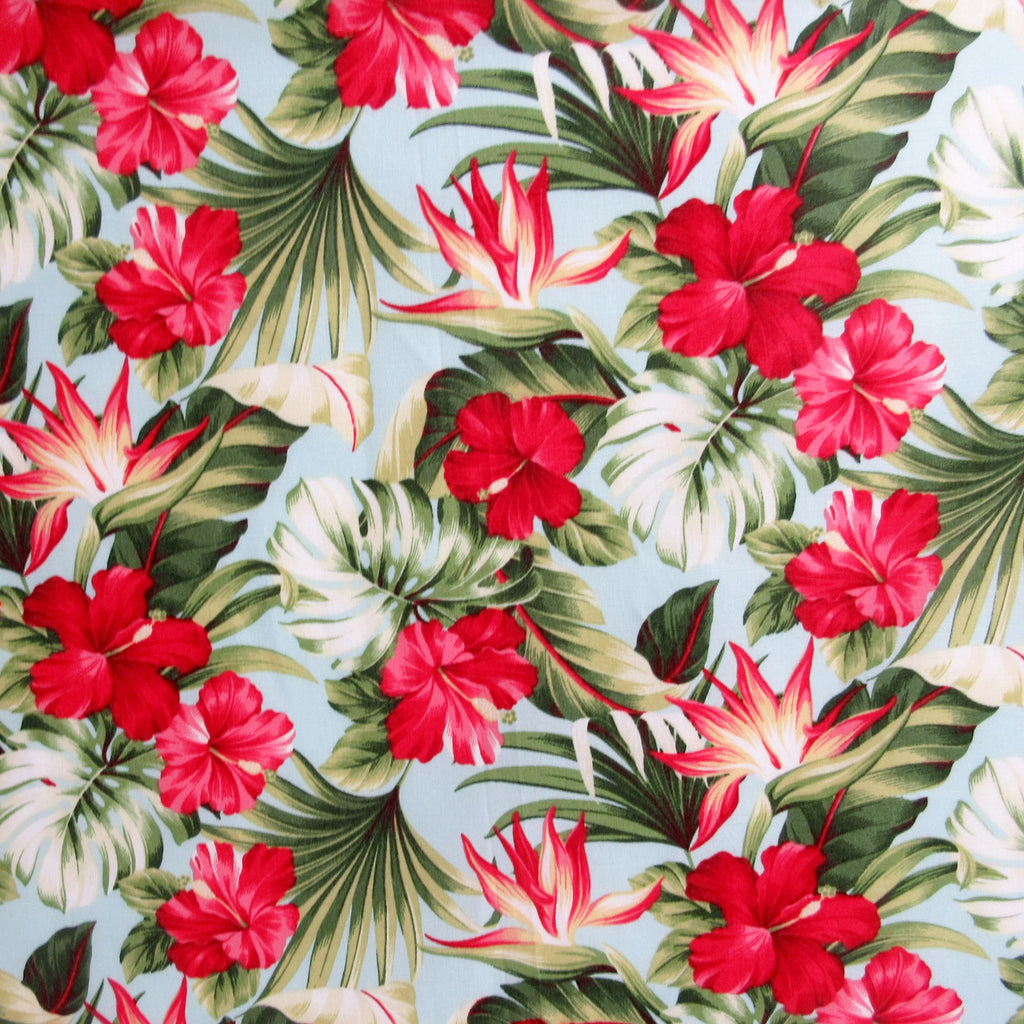 Fabric, Small Red Hibiscus Garden on Sky Blue, Tropical Hawaii, By the Half or Full Yard