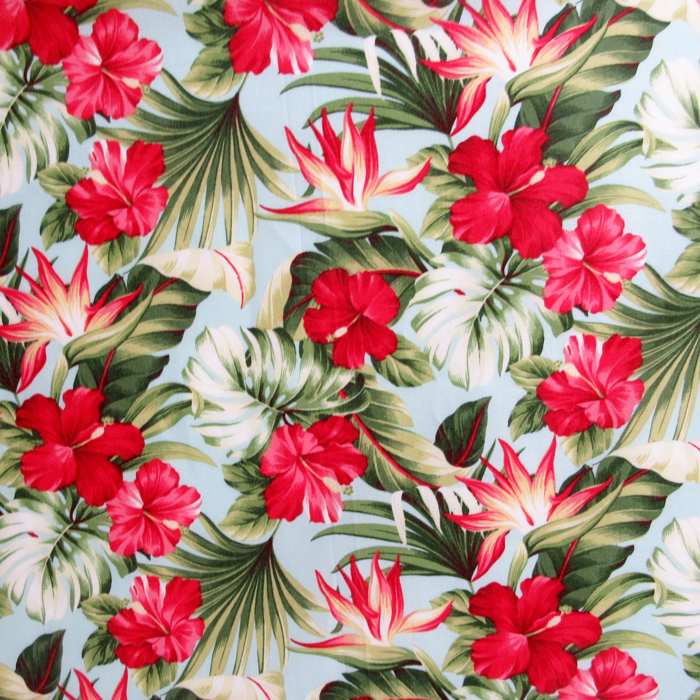 Fabric, Small Red Hibiscus Garden on Sky Blue, Tropical Hawaii, By the Half or Full Yard
