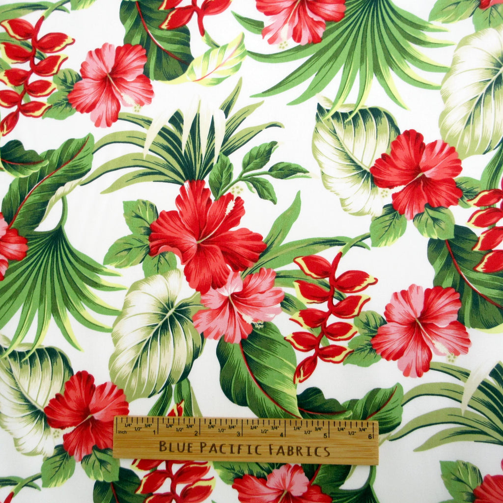 Hibiscus Fabric, Hawaii Heliconia Floral on White, Smaller Scale, By the Half or Full Yard