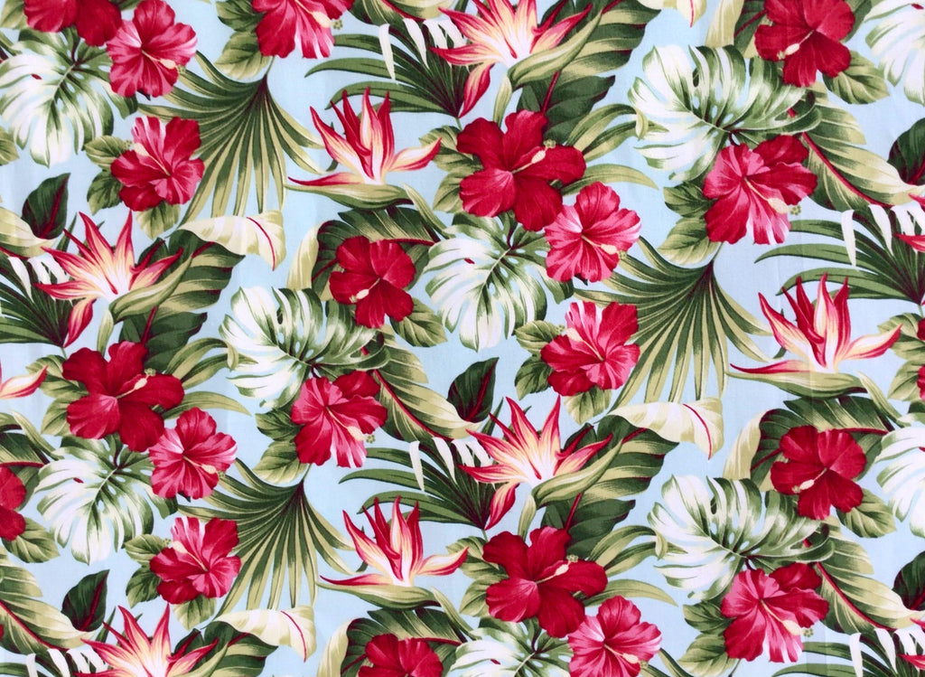 Fabric, Small Red Hibiscus Garden on Sky Blue, Tropical Hawaii, By the Half or Full Yard