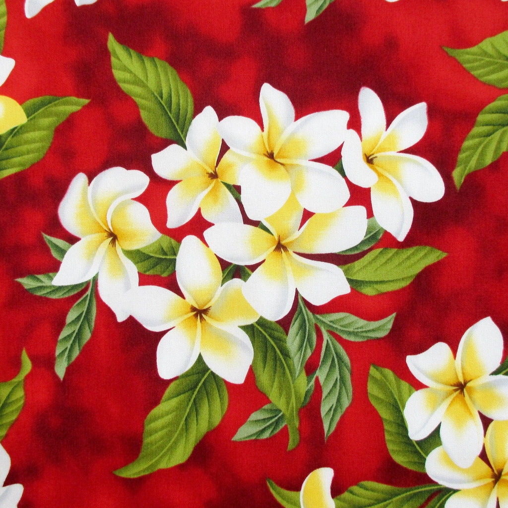 Fabric, White Plumeria Bouquet on Christmas Red, Tropical Hawaiian, By The Half and Full Yard
