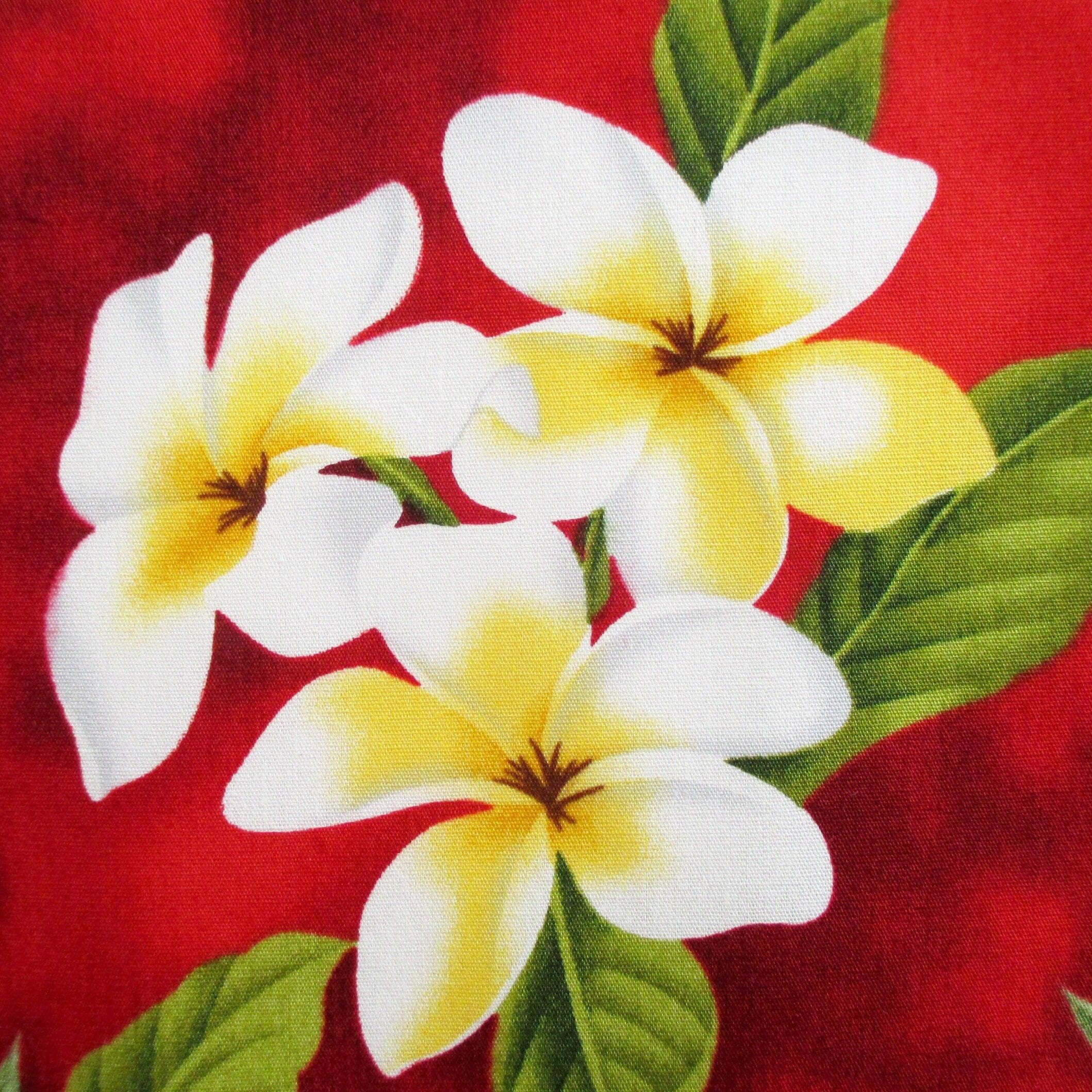 Fabric, White Plumeria Bouquet on Christmas Red, Tropical Hawaiian, By The Half and Full Yard