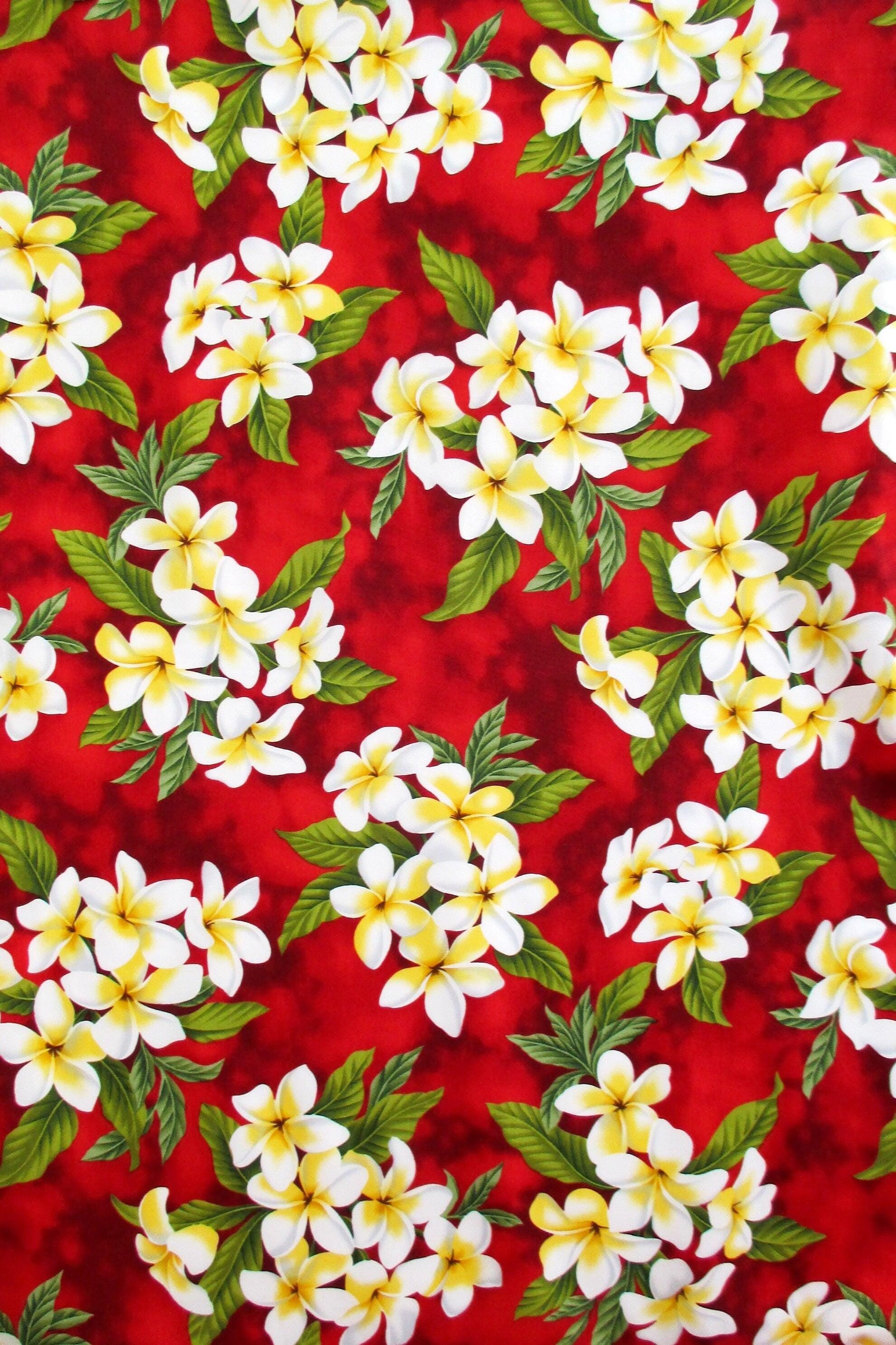 Fabric, White Plumeria Bouquet on Christmas Red, Tropical Hawaiian, By The Half and Full Yard