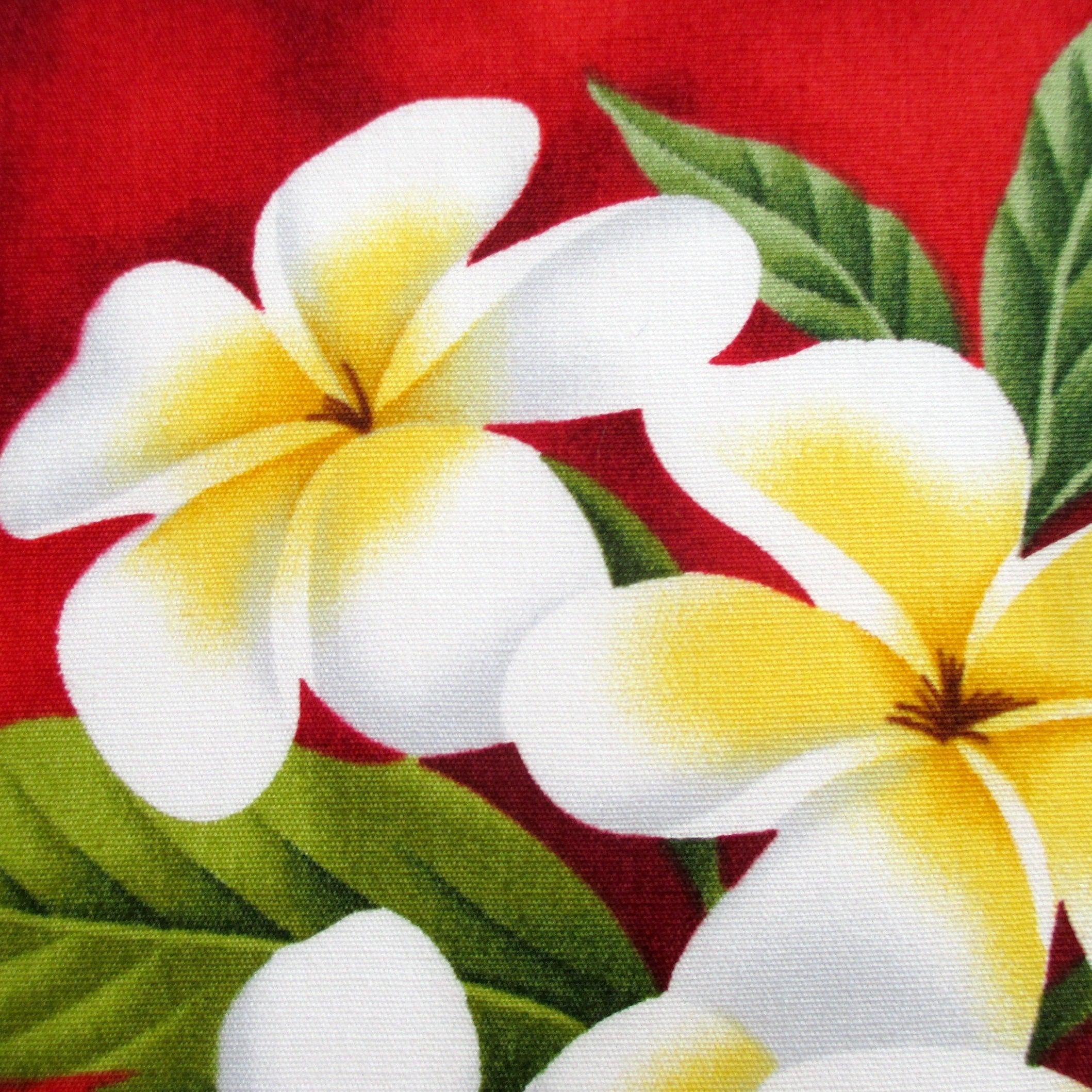 Fabric, White Plumeria Bouquet on Christmas Red, Tropical Hawaiian, By The Half and Full Yard
