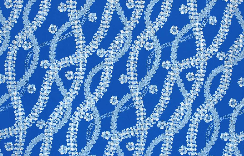 Hawaii Fabric, Paradise Palaka Leis on Blue, By the Half or Full Yard