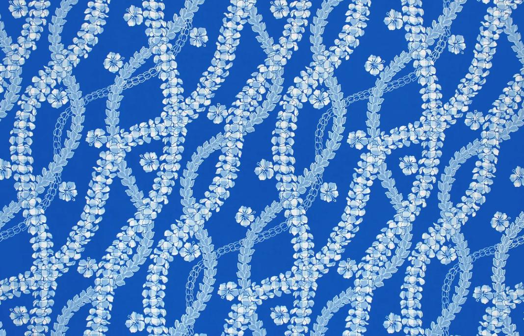 Hawaii Fabric, Paradise Palaka Leis on Blue, By the Half or Full Yard