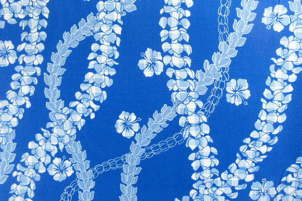 Hawaii Fabric, Paradise Palaka Leis on Blue, By the Half or Full Yard