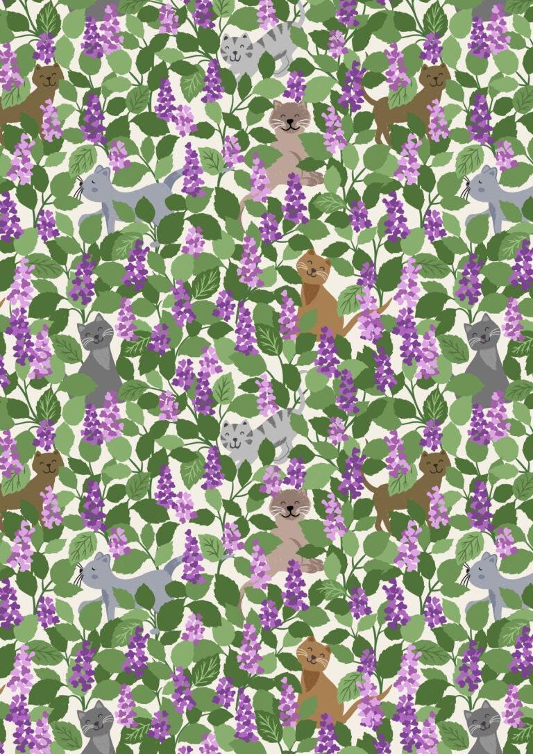 Cat Fabric, The Purrfect Book Club by Lewis and Irene, Catnip Multi, By the Half or Full Yard