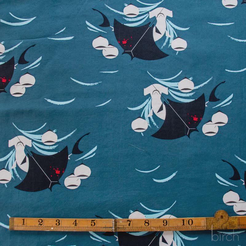 Fabric, Shark Feast on Teal Organic Poplin, Charley Harper Coastal Volume 2 ,By the Half or Full Yard