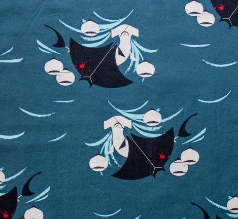 Fabric, Shark Feast on Teal Organic Poplin, Charley Harper Coastal Volume 2 ,By the Half or Full Yard
