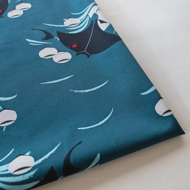Fabric, Shark Feast on Teal Organic Poplin, Charley Harper Coastal Volume 2 ,By the Half or Full Yard