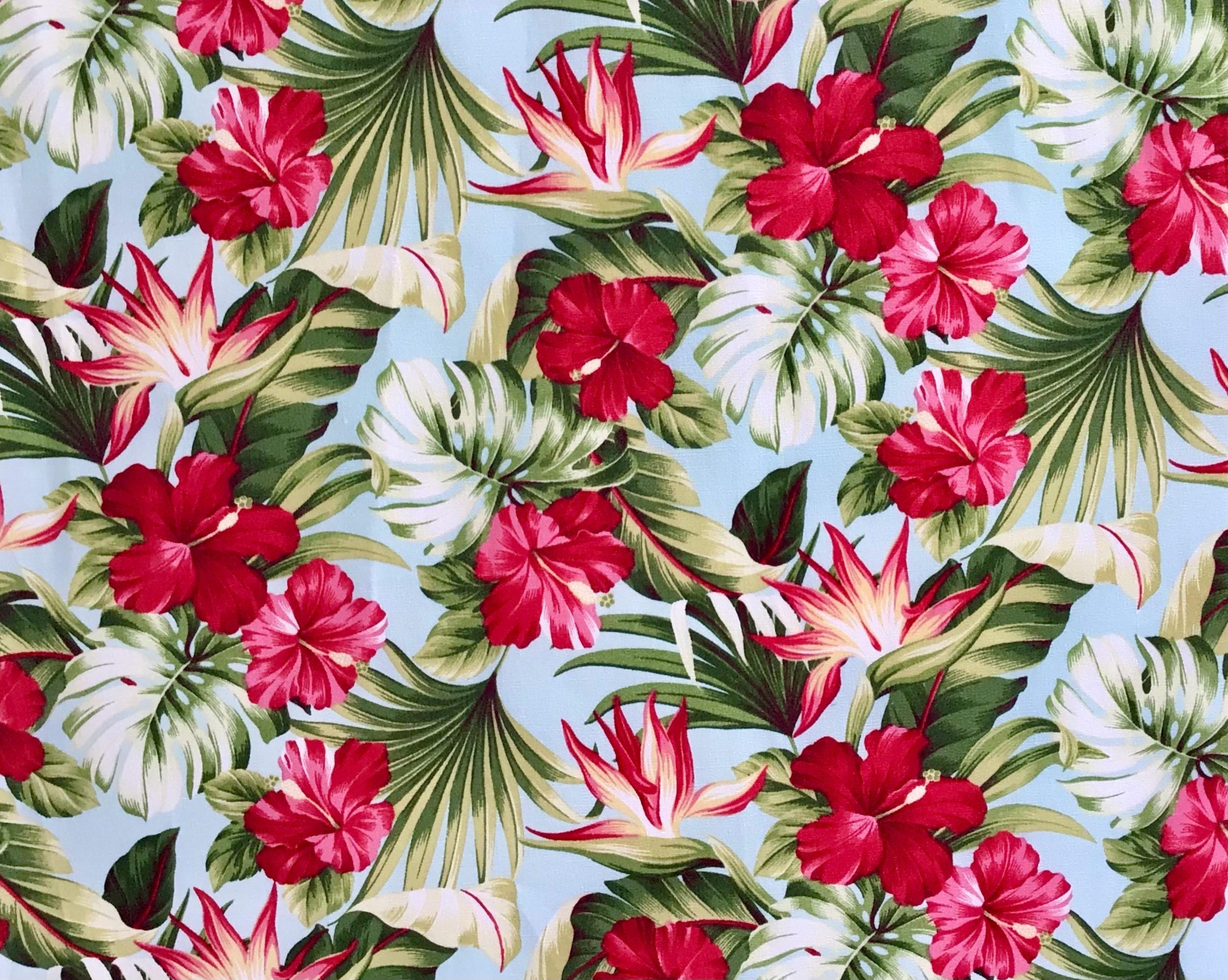 Fabric, Small Red Hibiscus Garden on Sky Blue, Tropical Hawaii, By the Half or Full Yard