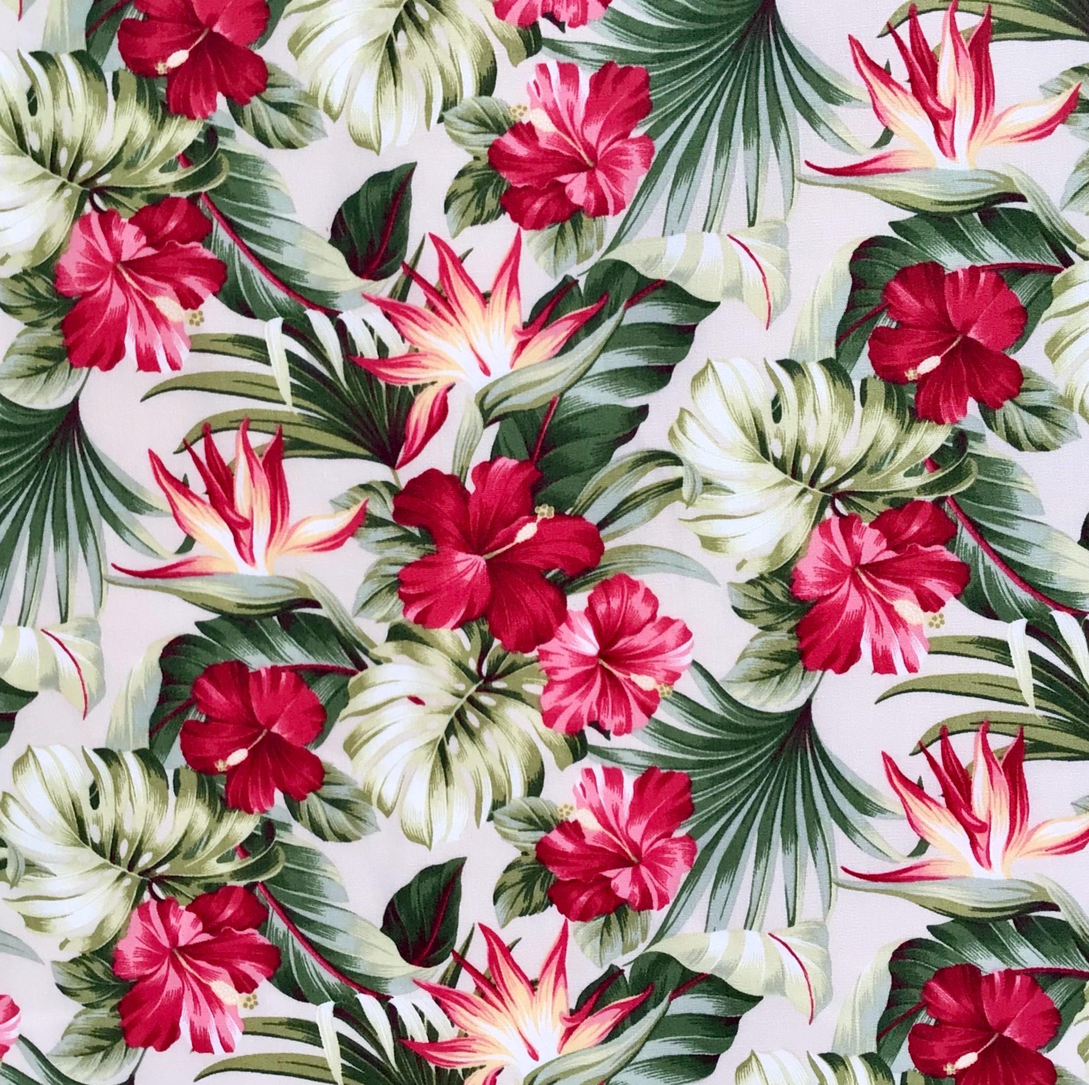Fabric, Small Red Hibiscus Garden on  Cream, Tropical Hawaii, By the Half or Full Yard