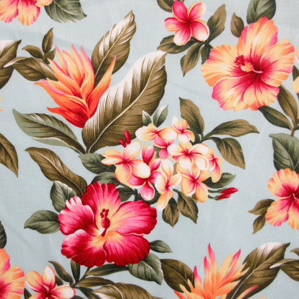 Fabric, Hibiscus Sunset Glow on Aqua, Cotton Poplin Tropical Hawaii, By the Half or Full Yard