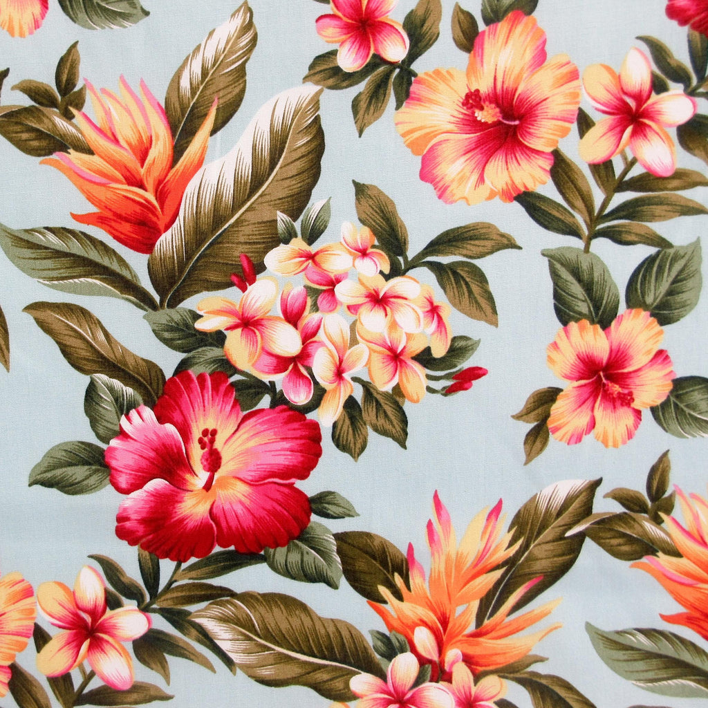 Fabric, Hibiscus Sunset Glow on Aqua, Cotton Poplin Tropical Hawaii, By the Half or Full Yard