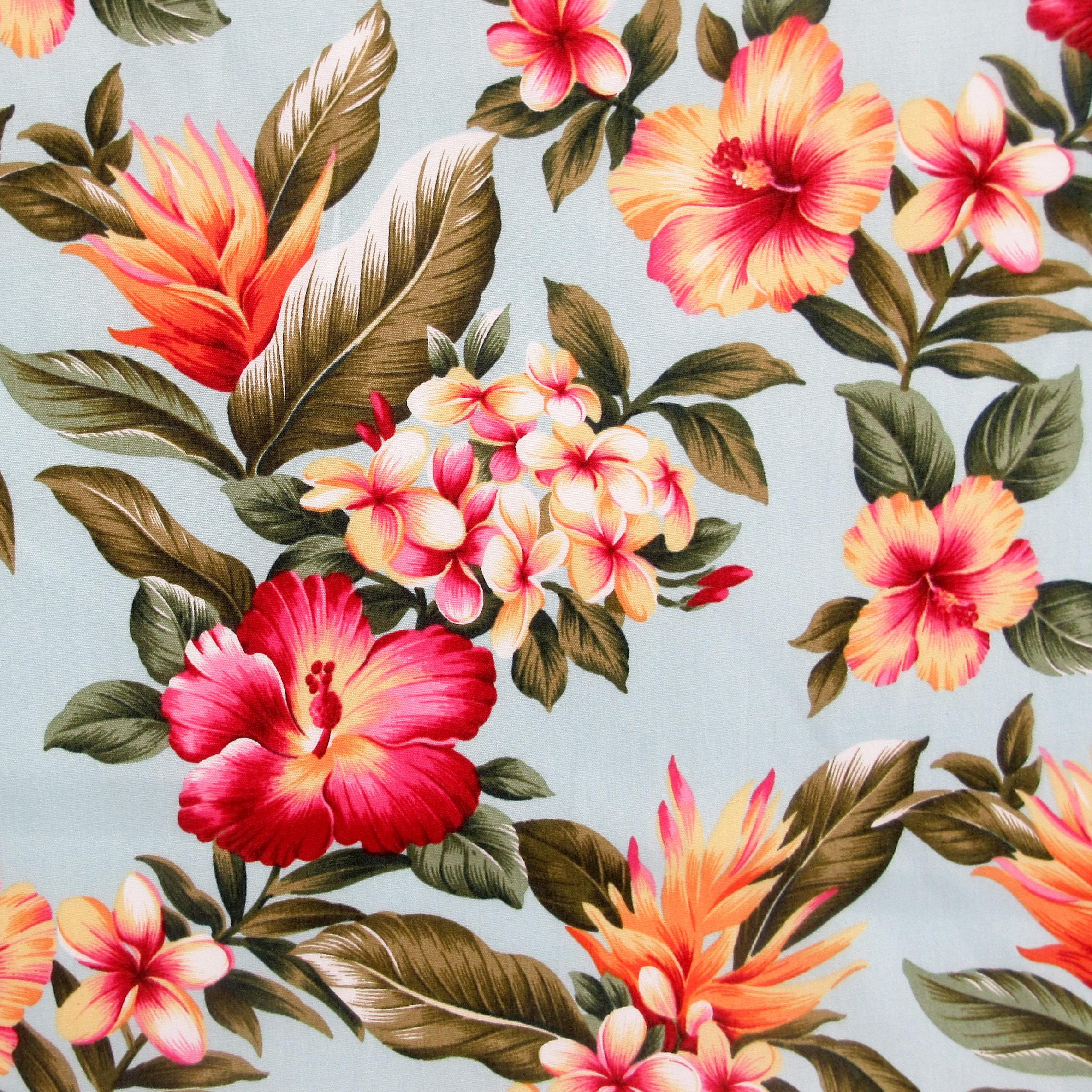 Fabric, Hibiscus Sunset Glow on Aqua, Cotton Poplin Tropical Hawaii, By the Half or Full Yard